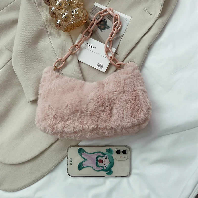 Women Soft Plush Shoulder Bag Autumn Winter Small Underarm Bag Female Acrylic Ch