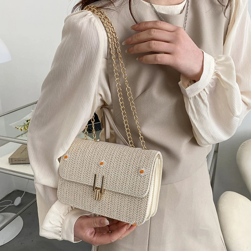Women Straw Woven Shoulder Crossbody Messenger Bag Summer Beach Chain Handbag