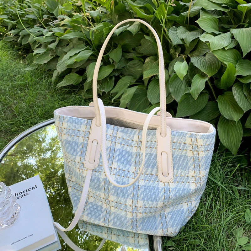 Women Tote Bag Plaid Large Striped Handbag Shoulder Bags Ladies Big Messenger Ba