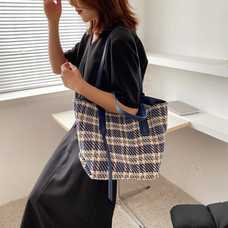 Women Tote Bag Plaid Large Striped Handbag Shoulder Bags Ladies Big Messenger Ba
