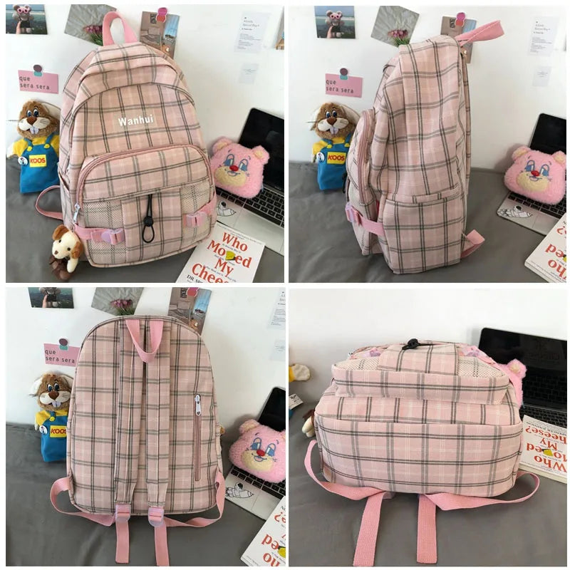 Women Backpack Harajuku Plaid Cotton Linen School Bag Casual Travel Book Bags