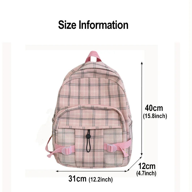 Women Backpack Harajuku Plaid Cotton Linen School Bag Casual Travel Book Bags