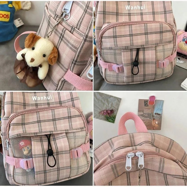 Women Backpack Harajuku Plaid Cotton Linen School Bag Casual Travel Book Bags