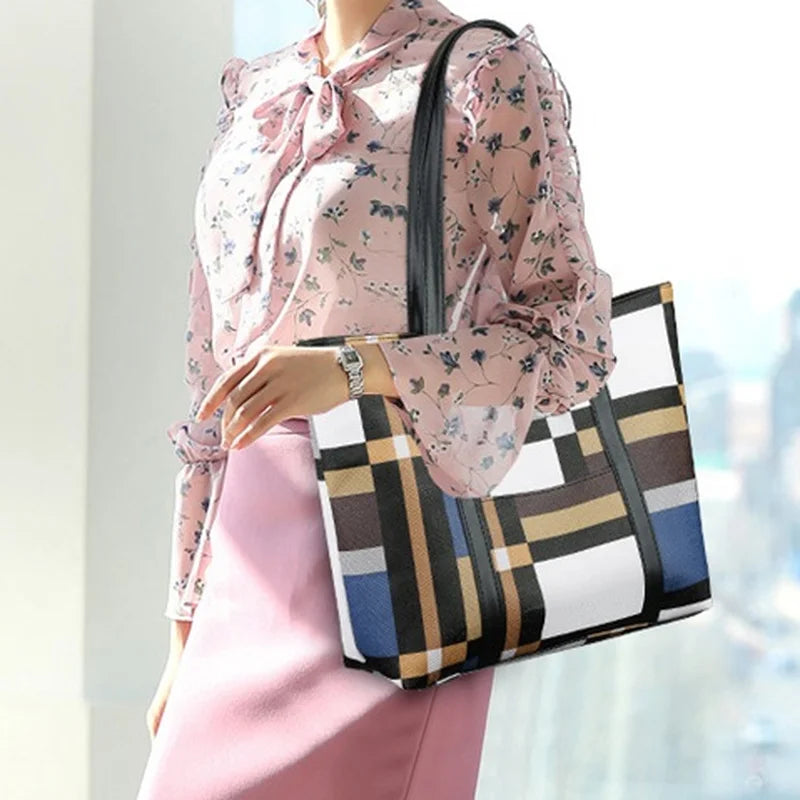Women's Checkered Shoulder Bag Oxford Casual Travel Tote Handbag