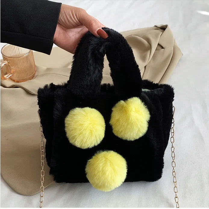 Faux Fur Ball Messenger Bag Fluffy Shoulder Handbag Plush Women's Top Bags