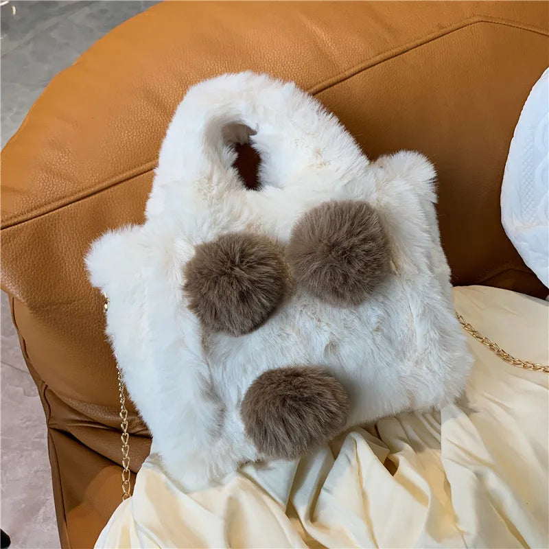 Faux Fur Ball Messenger Bag Fluffy Shoulder Handbag Plush Women's Top Bags