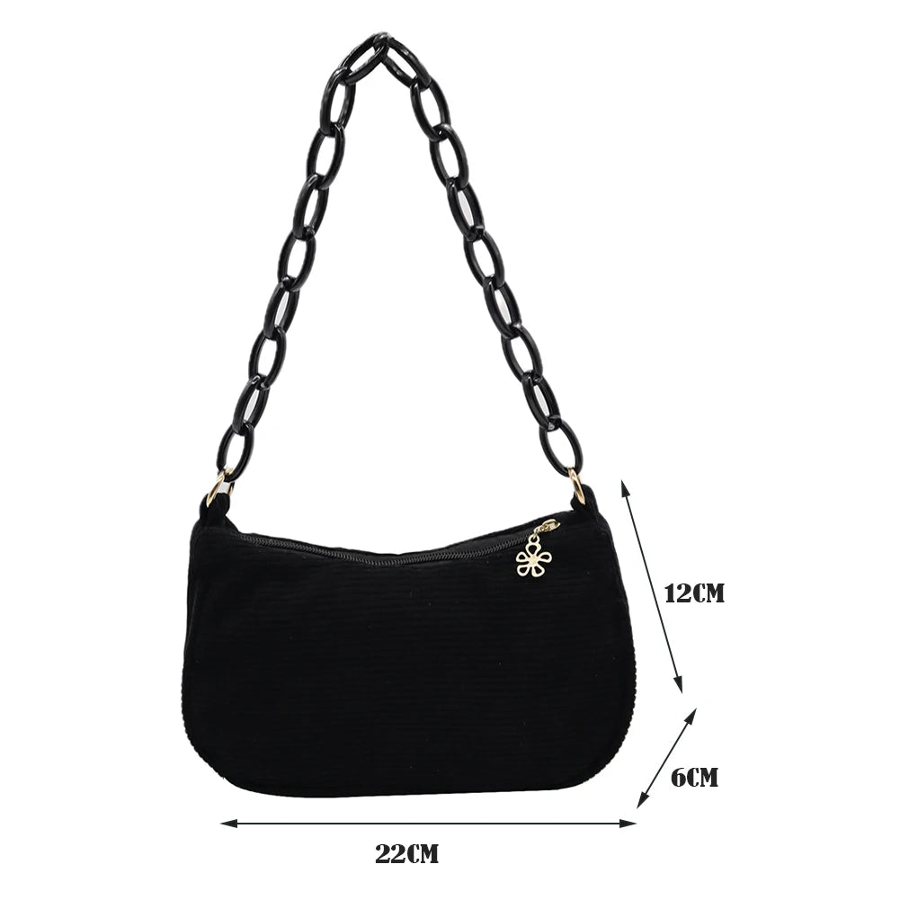 Corduroy Retro Shoulder Bag Chain Handbag for Daily Use
