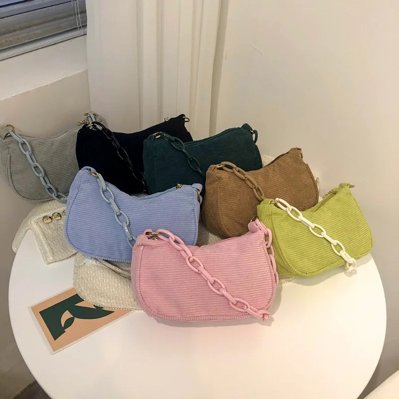 Corduroy Retro Shoulder Bag Chain Handbag for Daily Use