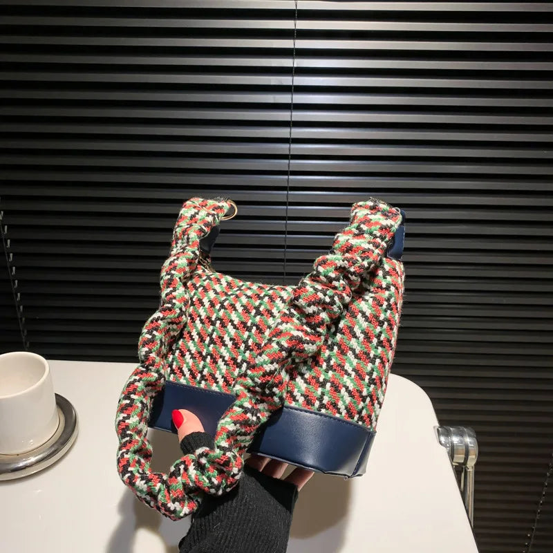 Retro Solid Braided Bucket Bag Casual Hobos Purses Handbags