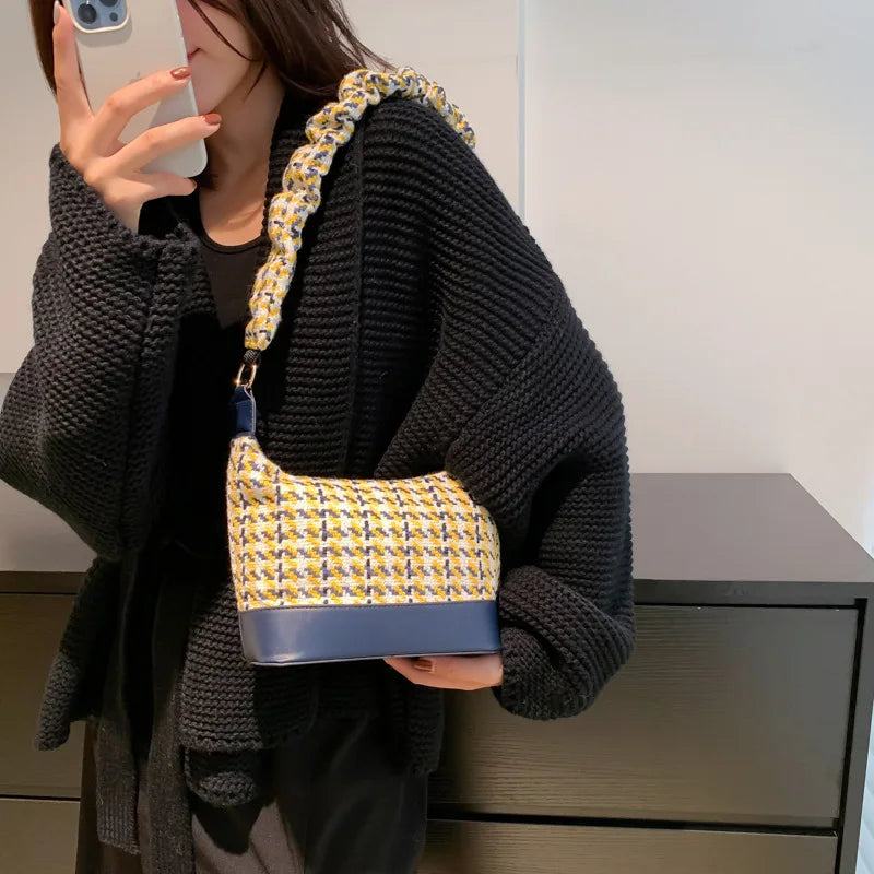 Retro Solid Braided Bucket Bag Casual Hobos Purses Handbags