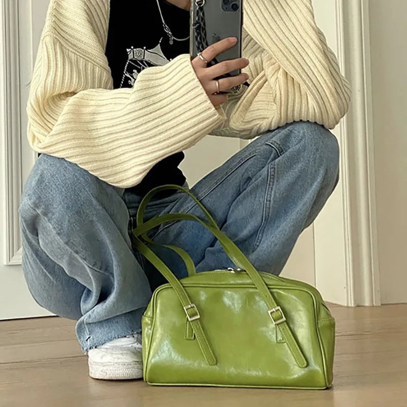 Vintage Oil Wax Green Handbag Large Capacity Texture Shoulder Bag