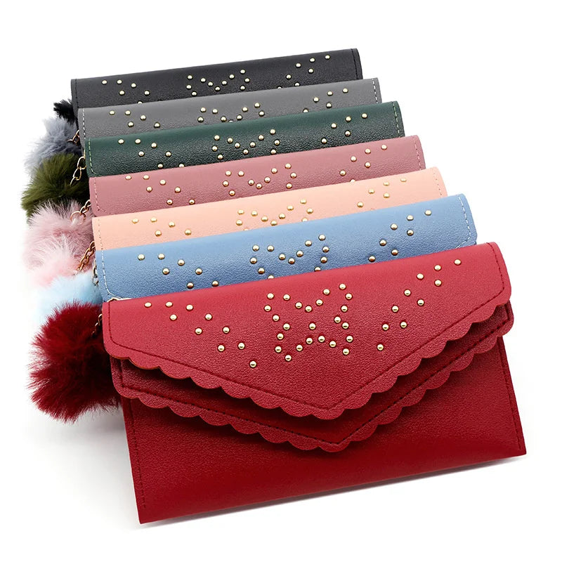 Women's Lace Double Cap Wool Ball Long Wallet