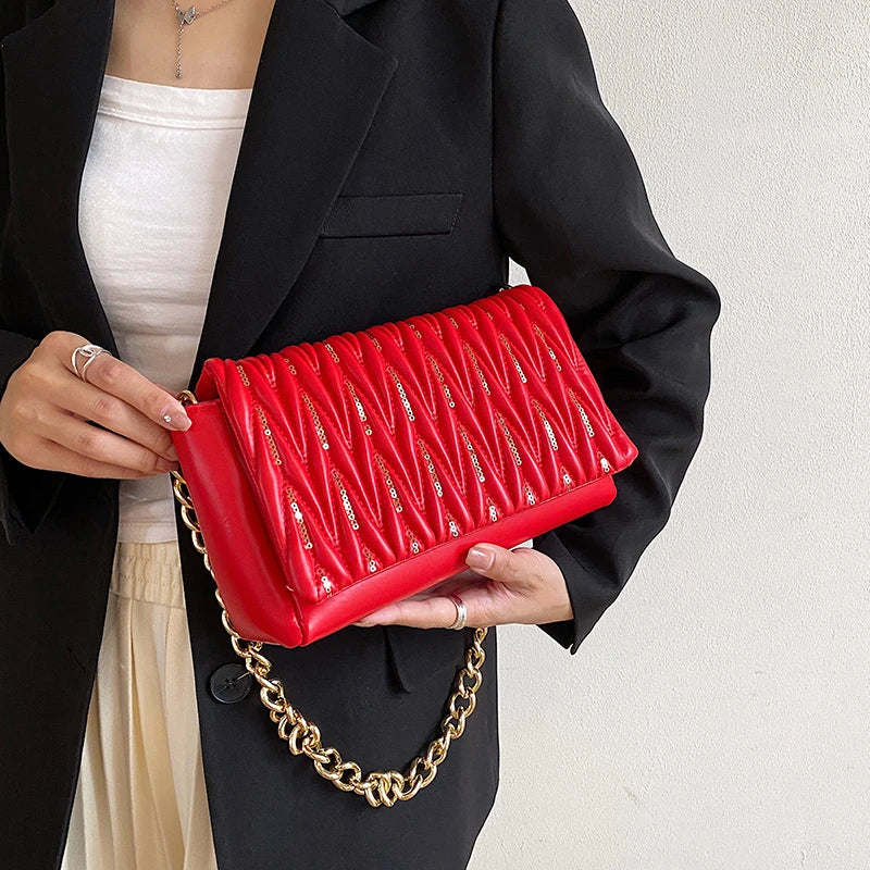 Sequins Chain Shoulder Bag for Women Square Satchel Handbag Purse Tote