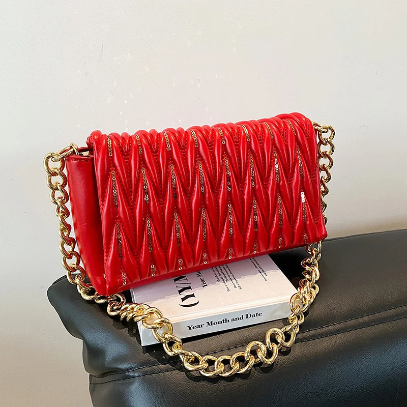 Sequins Chain Shoulder Bag for Women Square Satchel Handbag Purse Tote