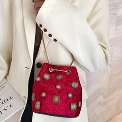 Velvet Bucket Bag Golden Chain Crossbody Tote