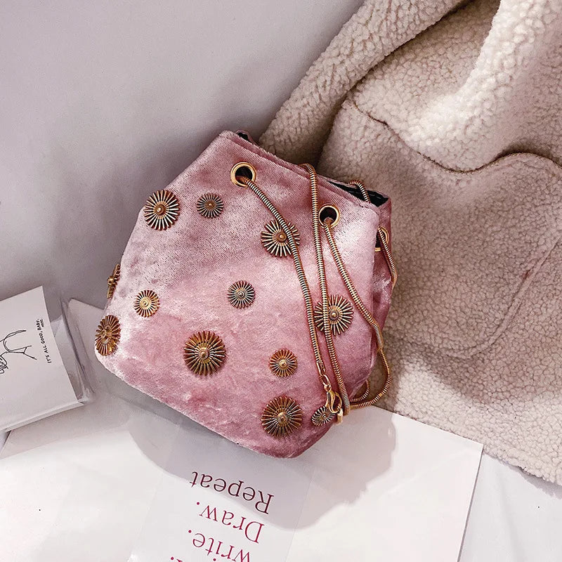 Velvet Bucket Bag Crossbody with Golden Chain Strap