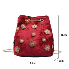 Velvet Bucket Bag Crossbody with Golden Chain Strap