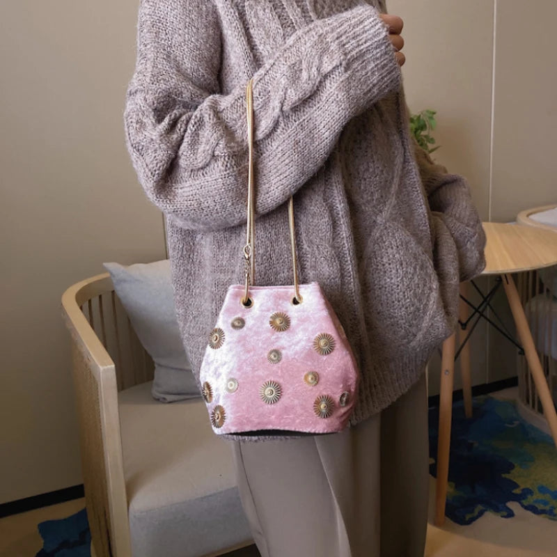 Velvet Bucket Bag Crossbody with Golden Chain Strap
