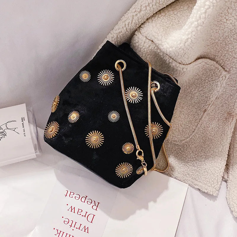 Velvet Bucket Bag Crossbody with Golden Chain Strap