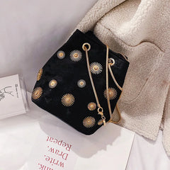 Velvet Bucket Bag Crossbody with Golden Chain Strap