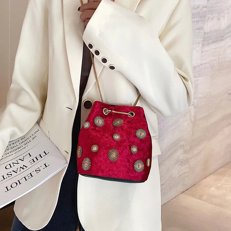 Velvet Bucket Bag Crossbody with Golden Chain Strap