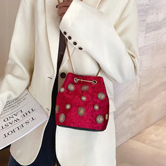 Velvet Bucket Bag Crossbody with Golden Chain Strap