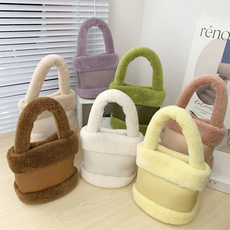 Plush Women's Bucket Bag Retro Handbag Autumn/Winter