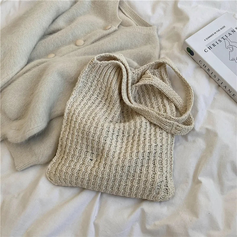 Vintage Wool Knit Shoulder Bag for Women