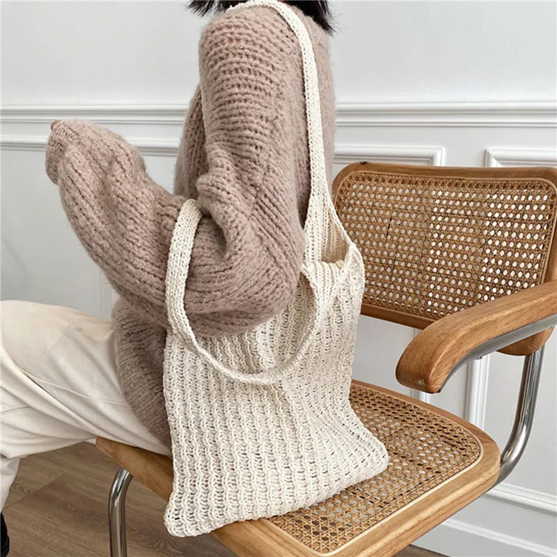Vintage Knitted Shoulder Bag for Women Large Handbag