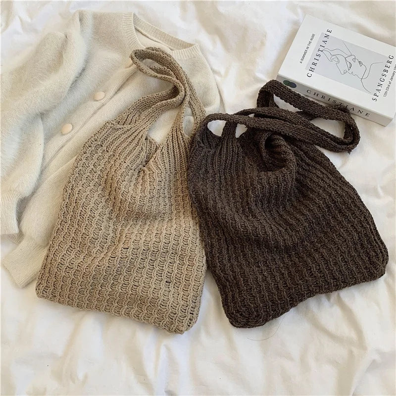 Vintage Wool Knit Shoulder Bag for Women