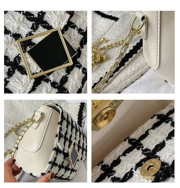 Woolen Tweed Shoulder Bag Women Chain Crossbody Winter Handbag