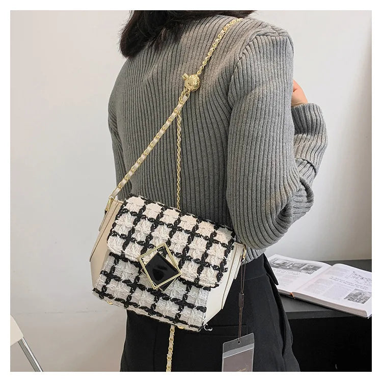Woolen Tweed Shoulder Bag Women Chain Crossbody Winter Handbag