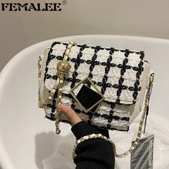 Woolen Tweed Shoulder Bag Women Chain Crossbody Winter Handbag