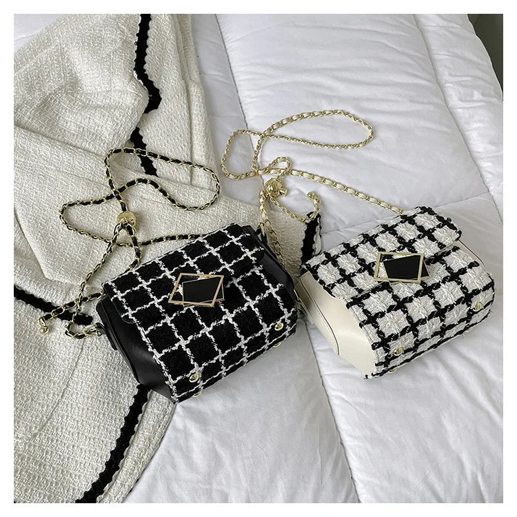 Woolen Tweed Shoulder Bag Women Chain Crossbody Winter Handbag
