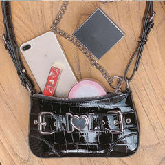 Y2K Girls Shoulder Bag PU Leather Chains Underarm Bag Crossbody Handbag Clutch
