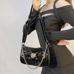 Y2K Girls Shoulder Bag PU Leather Chains Underarm Bag Crossbody Handbag Clutch