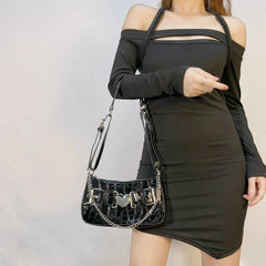 Y2K Girls Shoulder Bag PU Leather Chains Underarm Bag Crossbody Handbag Clutch