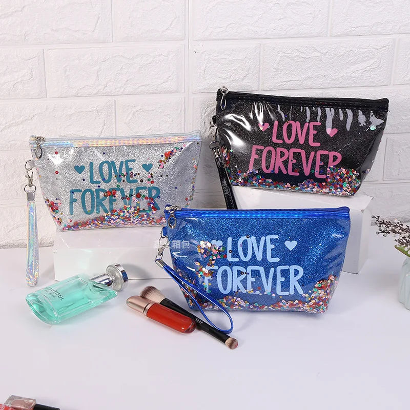 Sequin Cartoon Makeup Bag for Women Travel Storage Glitter PVC Cosmetic Bag