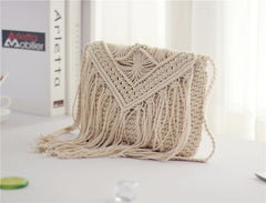 Boho Tassel Straw Beach Bag Hollow Crossbody Hand Woven Shoulder Bag
