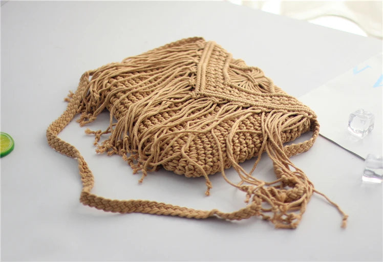 Boho Tassel Straw Beach Bag Hollow Crossbody Hand Woven Shoulder Bag