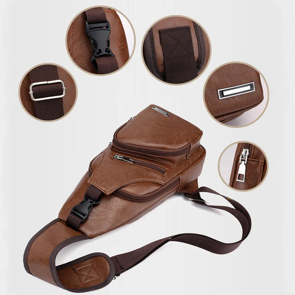 Men's Leather Sling Bag Chest Shoulder Messenger Briefcase