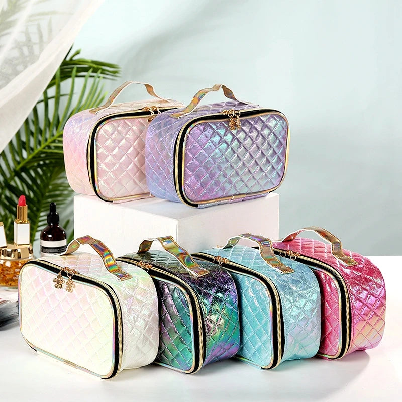 Portable Cosmetic Case Makeup Bag Square Lattice Women Storage Wash Bag