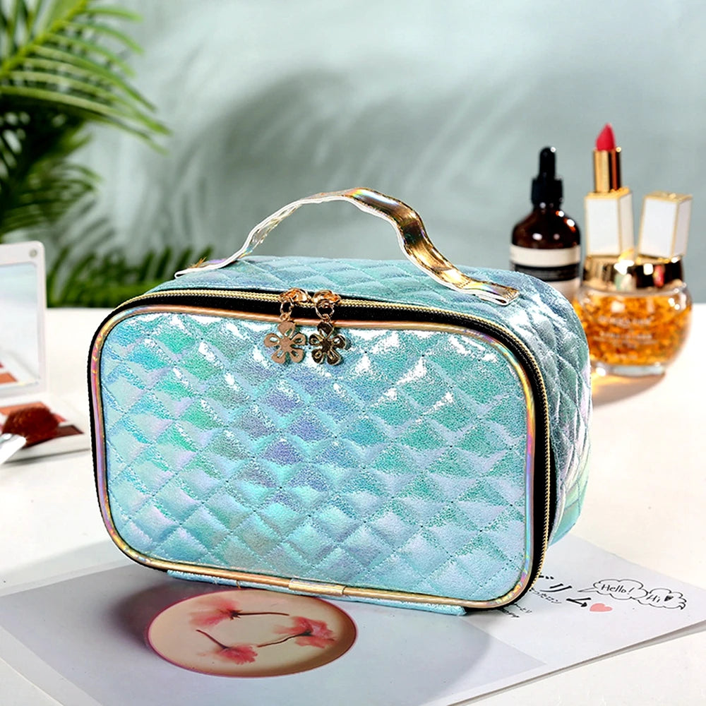 Portable Cosmetic Case Makeup Bag Square Lattice Women Storage Wash Bag