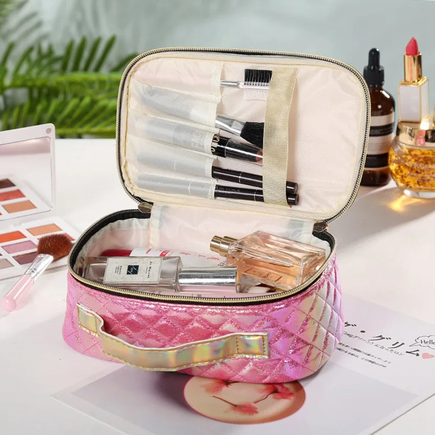 Portable Cosmetic Case Makeup Bag Square Lattice Women Storage Wash Bag