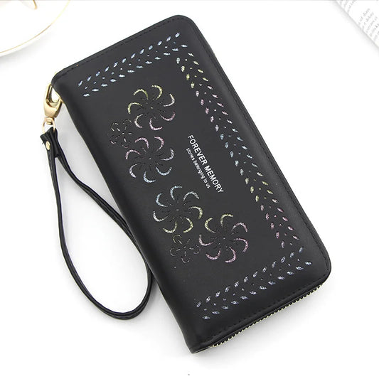 Women's Flower Hollow Wallet with Long Zipper Mobile Phone Bag