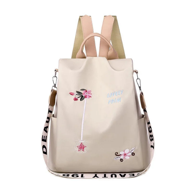 Flower Embroidery Oxford Backpack Large Capacity Cross Body Shoulder Bag