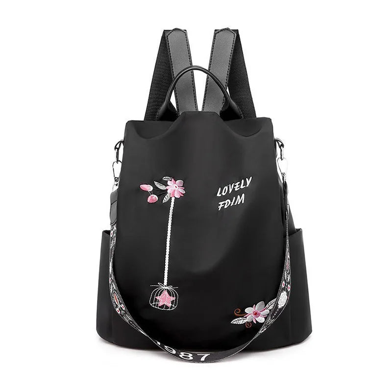 Flower Embroidery Oxford Backpack Large Capacity Cross Body Shoulder Bag