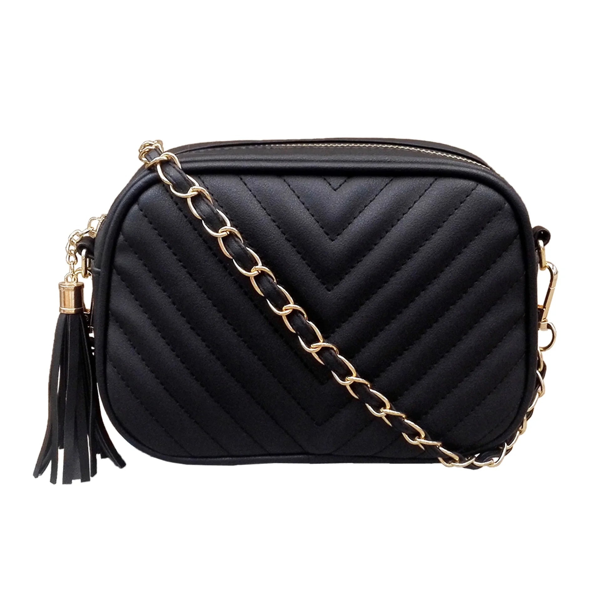 Quilted Faux Leather Crossbody Bag with Tassel Chain