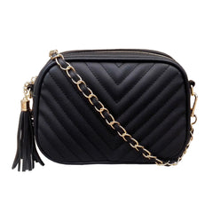 Quilted Faux Leather Crossbody Bag with Tassel Chain