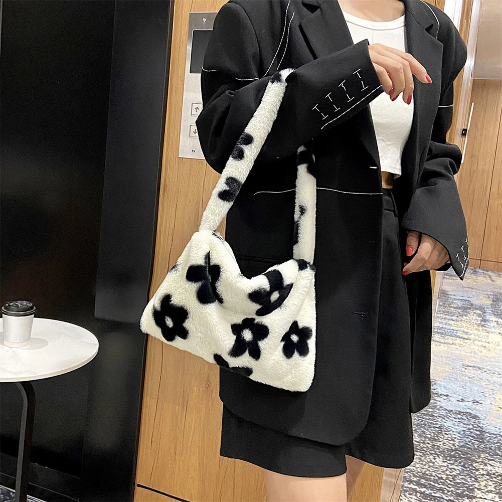 Flower Heart Print Shoulder Bag Plush Handbags Women Autumn Winter